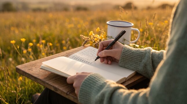Writer journaling in open notebook on wooden lap desk in flower field during golden hour sunset for wellness and creativity content