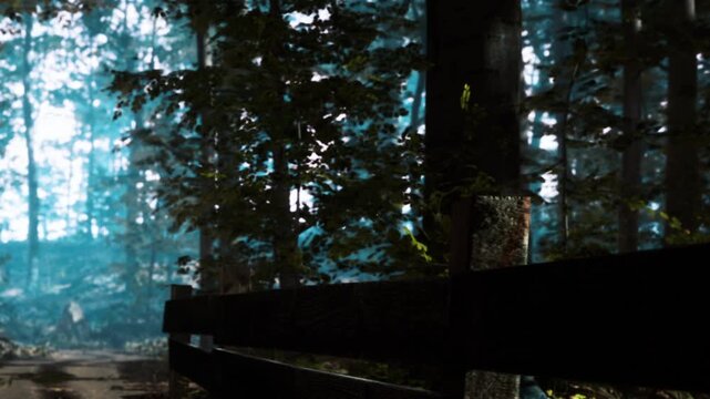 The sun shines through trees in a forest. A wooden fence runs along a path. The ground has leaves and logs. The atmosphere is bright with greenery and shadows from the trees.