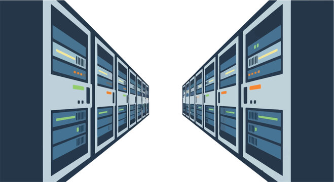 Futuristic server room data center illustration with rows of computer servers and storage systems in a modern digital infrastructure concept