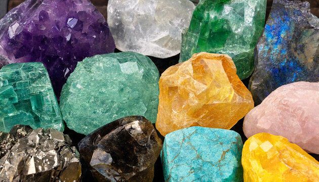 A vibrant collection of raw gemstones and crystals including amethyst, quartz, citrine, turquoise, and pyrite on a dark background surface