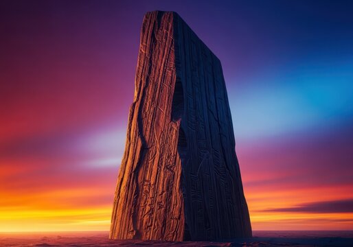 A massive dark stone monolith stands starkly against a hazy sky in an empty, desolate landscape, symbolizing mystery and history, vertical, dark, texture