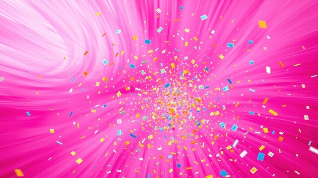 Celebration Burst A vibrant pink background with colorful confetti exploding outwards, ideal for festive designs and celebratory visuals.