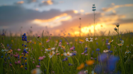Naklejka premium Golden Wildflower Glow at Sunset with Dreamy Meadow Bokeh and Summer Bloom