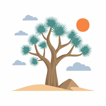 Stylized Joshua Tree in Desert Landscape with Sun and Clouds