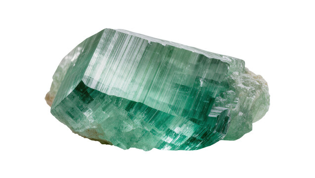 Raw green tourmaline crystal with striations and rough matrix