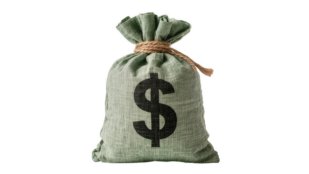 Green burlap money bag with dollar sign tied with rope
