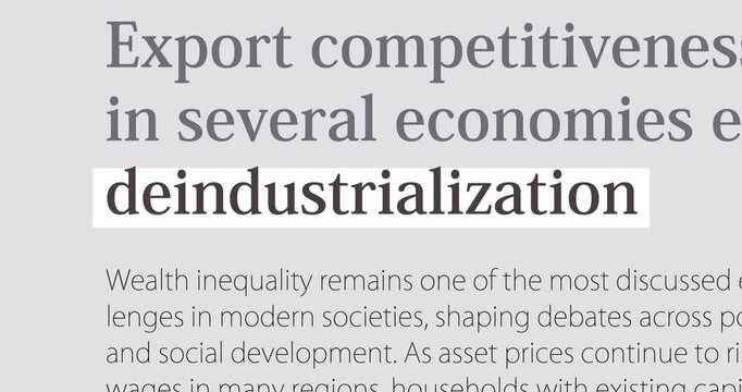 Deindustrialization and industrial decline, changing news headlines sequence across media about hollowing out of industry, loop footage