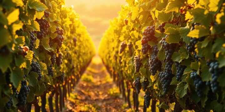 Golden Hour Vineyard Rows at Sunset with Ripe Grapes