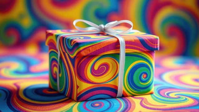 A vibrant gift box with a swirling rainbow design and a white ribbon, sitting on a matching surface.