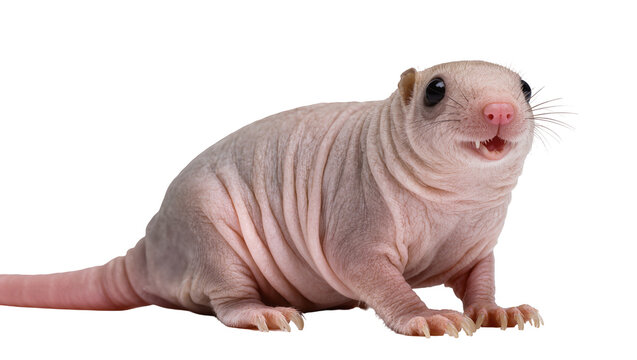 Naked mole rat with open mouth and visible teeth