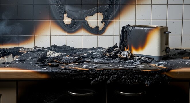 Kitchen disaster with burnt toaster and countertop after a fire incident, showing extensive damage and smoke residue.