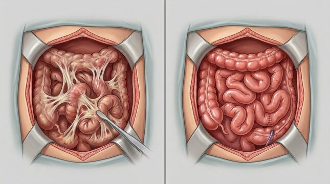 Surgical procedure showing intestinal adhesions before and after separation