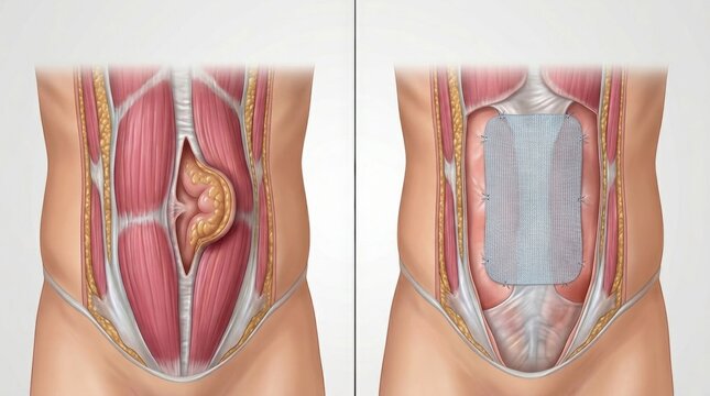 Abdominal hernia repair with surgical mesh implant illustration