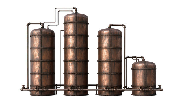 Industrial copper tanks with pipes and valves