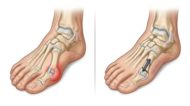 Bunion surgery before and after comparison showing bone alignment and surgical plate