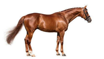 Chestnut horse with braided mane and bridle standing © Hannah