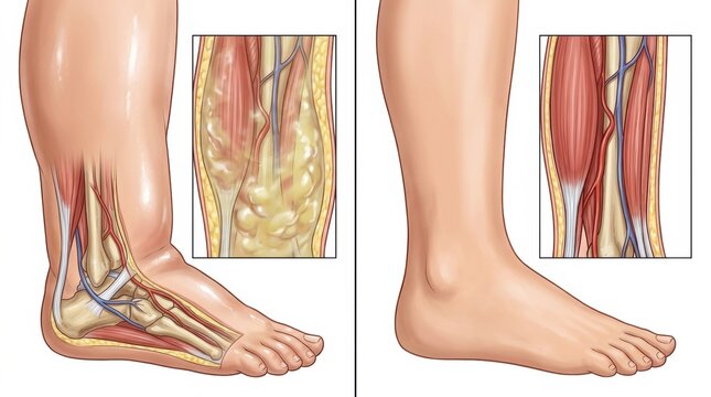 Comparison of swollen leg with edema and healthy leg anatomy