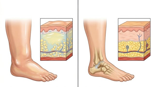 Illustration comparing a healthy foot and ankle to one with edema and subcutaneous fat