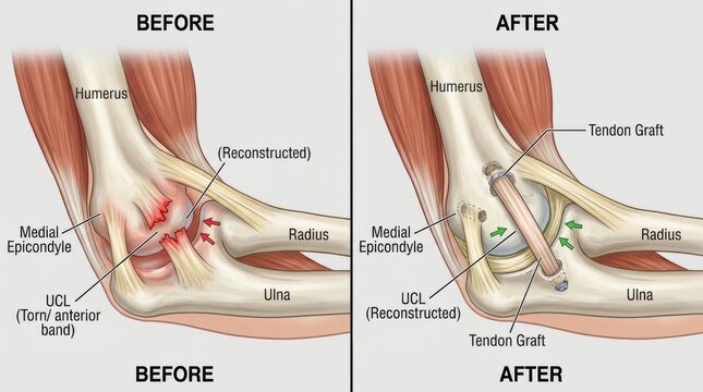 Medical illustration comparing torn UCL before and after reconstruction surgery