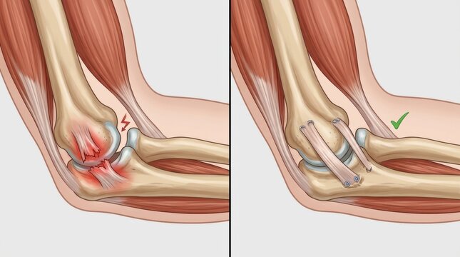 Elbow joint anatomy comparison: before and after surgical repair of torn ligaments