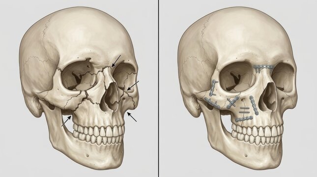Detailed anatomical study of human skull with fracture and surgical repair