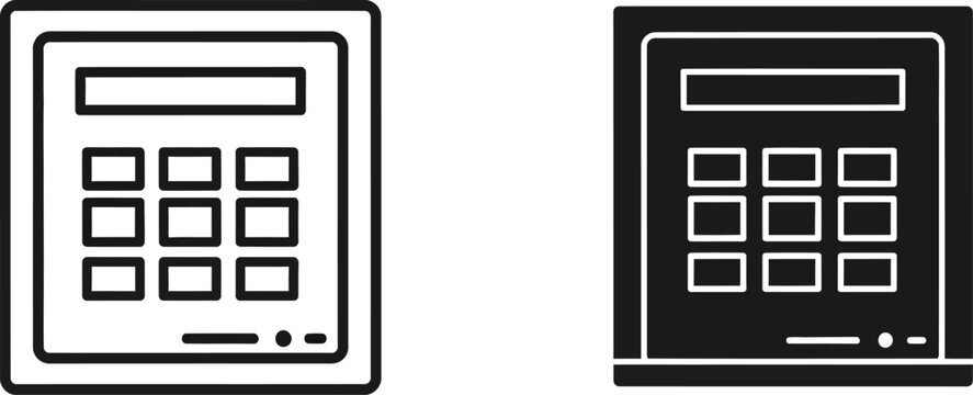 Calculator icons in outline and solid black fill with display screen and numeric keypad for digital data entry
