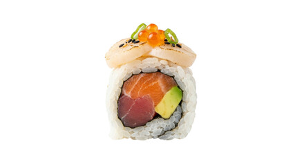 Gourmet sushi roll with salmon, tuna, avocado, and scallop topping © Sapphire