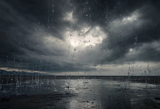 Heavy rain falling on a dark wet asphalt ground under a dramatic stormy sky with thick grey clouds and gloomy atmosphere in the evening
