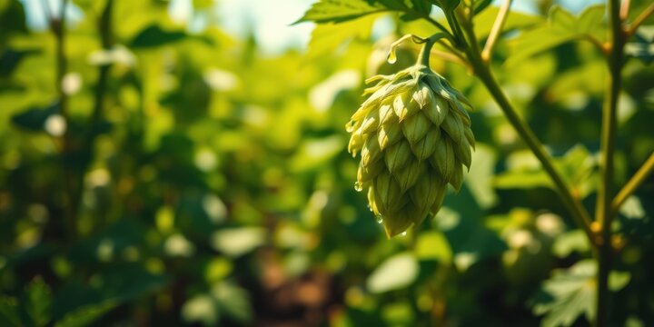 Close-up view of a single, dew-kissed hop cone hanging from a vibrant green plant in a field