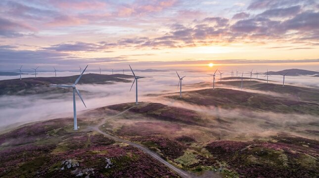 Onshore Wind Farm at Sunset with Wind Turbines in a Rural Landscape
