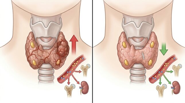 Thyroid gland function and parathyroid hormone regulation in the body