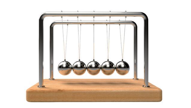 Newton s Cradle with five polished metal spheres on wooden base