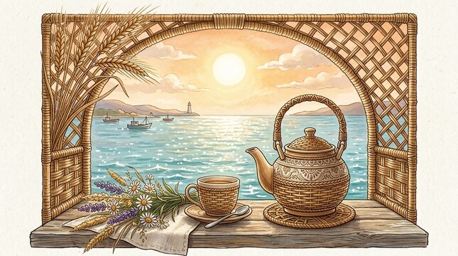 Tranquil seaside scene with tea set and flowers on wooden table