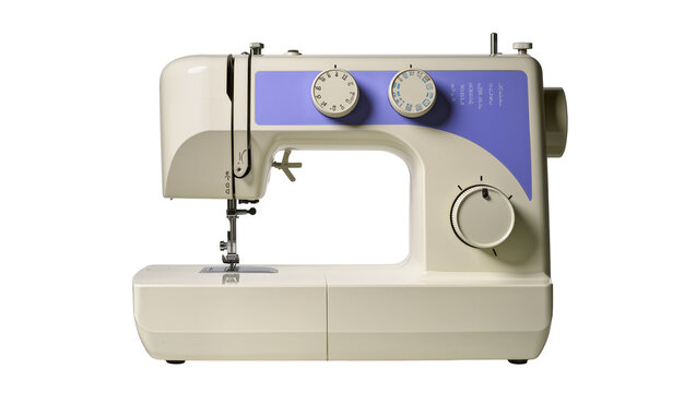 Cream and purple sewing machine with dials and controls