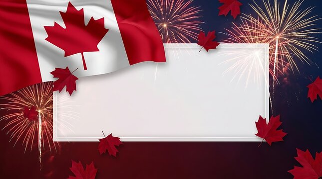 Canada Day, Canadian flag, fireworks, maple leaves, patriotic background