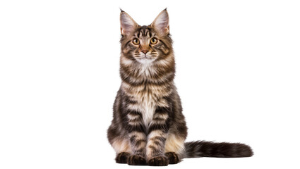 Maine Coon cat sitting tabby fur white chest, alert ears © Hannah
