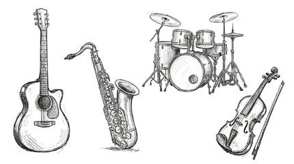 Naklejka premium Hand drawn sketch set of guitar saxophone drums and violin