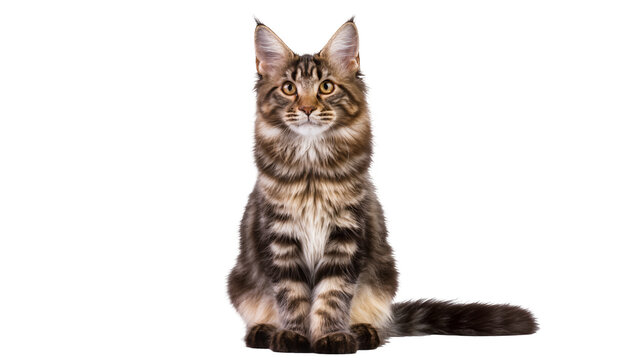 Maine Coon cat sitting tabby fur white chest, alert ears