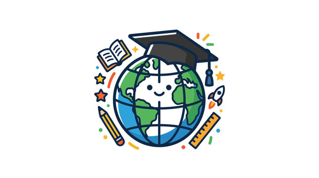 Happy Earth Wearing Graduation Cap, Surrounded by School Supplies and Space Elements