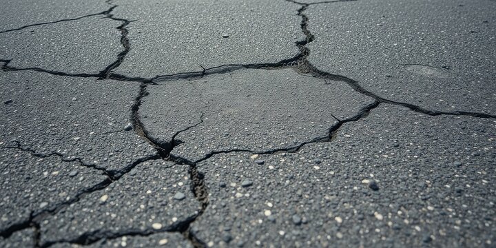 Cracked asphalt surface texture showing extensive deterioration and damage