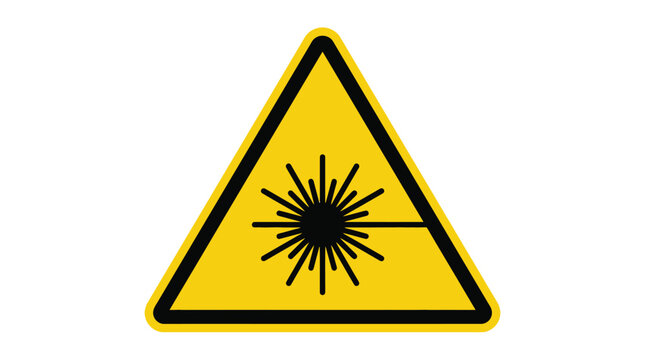 Bright yellow triangular hazard sign featuring a stark black laser radiation symbol centered clearly on a plain white background to represent industrial safety and equipment awareness