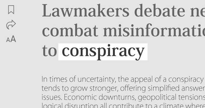 Conspiracy or plot, changing news headlines sequence across media about global conspiracy theory, loop footage