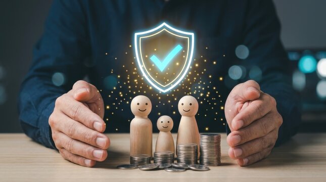 Businessman protecting wooden figures of family and stacked coins with glowing shield icon above against a blurred office background representing security