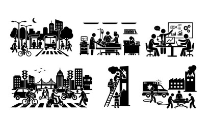 Obraz premium Narrative scene silhouette icons set with urban life and activity compositions