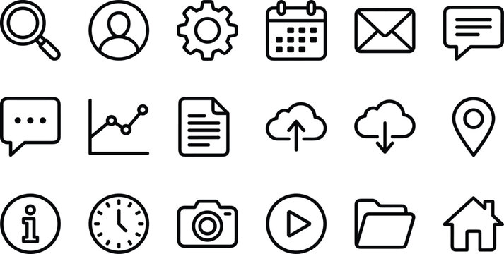 Modern black outline interface icon set for business mobile application development website user project dashboard linear vector collection.