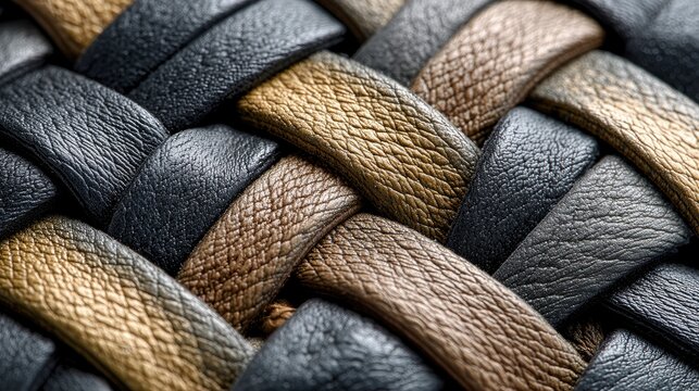 Braided leather texture, black and tan strips woven together, fashion accessory material background, macro diagonal weave 