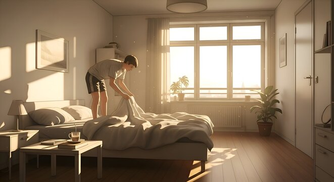 Young man making the bed in a sunny minimalist bedroom