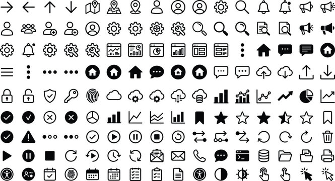 Comprehensive black mixed solid and outline mega icon pack for website navigation business mobile app interface analytics vector collection.
