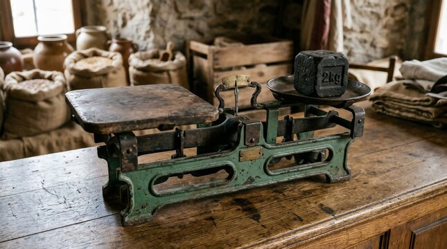 Old vintage green metal balance scales on wooden table in rustic room