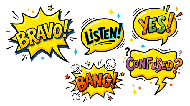 Colorful comic bubbles with bravo listen yes bang confused text
